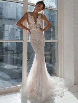 Длинное роскошное кружевное свадебное платье русалки, сексуальное платье с V-образным вырезом, без рукавов, с аппликацией на спине, для женщин, индивидуальное по меркам Сексуальное платье Mari