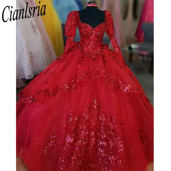 Красное пышное платье в виде сердечка, сверкающее кружево для 15 человек, вечернее платье, бальное платье, платье принцессы на 16 дней рождения, платье