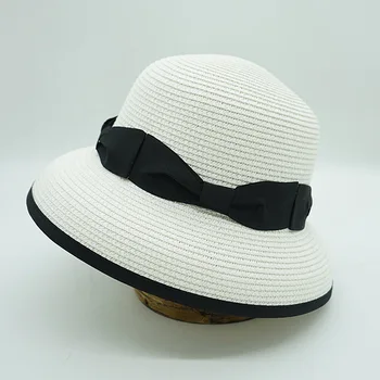 Черная Белая бумажная соломенная шляпа с бантом, аксессуар для летней шляпы-ведра, милая пляжная шляпа, Стильная шляпа от солнца, соломенная кепка с лентой