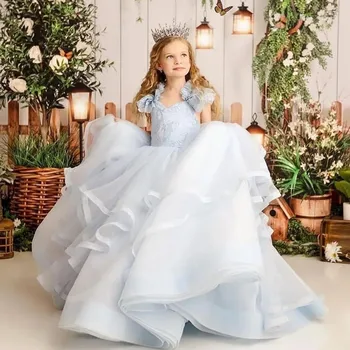 Новое светло-голубое платье в цветочек для девочек, свадебная вечеринка, Тюлевая юбка, бальное платье принцессы с оборками, ниспадающий Цветочный Детский косплей Принцессы