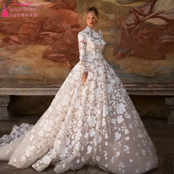Свадебные платья с 3D цветочным кружевом, трапециевидные свадебные платья с длинным рукавом и высоким воротом, классическая Открытая спина, Noivas Chic ZW1046