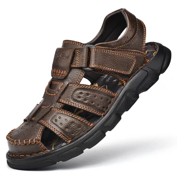 Летняя обувь для мужчин, дышащие сандалии из натуральной кожи, нескользящие туфли на плоской подошве, Мягкая подошва, мужская обувь ручной работы, дизайн Tide