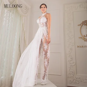 MULOONG Элегантное свадебное платье Русалки без рукавов с кружевными аппликациями и высоким воротом, длиной до пола, со шлейфом, длинные платья Vestidos De Novia
