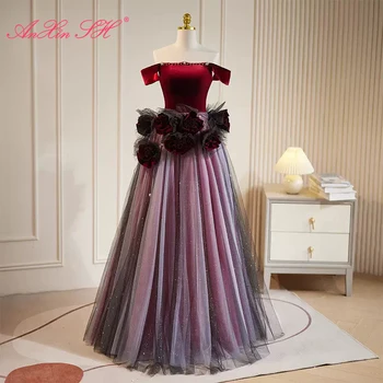 AnXin SH princess винно-красный бархат с вырезом лодочкой, розовое черное кружево, расшитое бисером, большая роза, бальное платье для вечеринки, блестящее вечернее платье