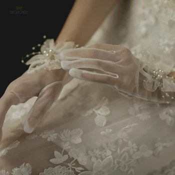 Свадебные короткие перчатки из бисера, прозрачная сетка на весь палец, длина запястья, костюмированные перчатки для выпускного вечера с бантом