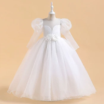 Белые кружевные платья принцессы из тюля с длинными рукавами для девочек, модные нарядные платья для причастия для девочек