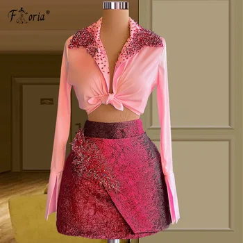 Осенний комплект из двух предметов, мини-платье для выпускного вечера, женская розовая блузка с длинным рукавом, расшитая бисером, рубашка и красная короткая юбка, модные костюмы