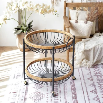 Журнальные столики из ротанга в японском стиле для мебели для гостиной, креативный круглый приставной столик с тележкой на колесиках, стеллаж для хранения