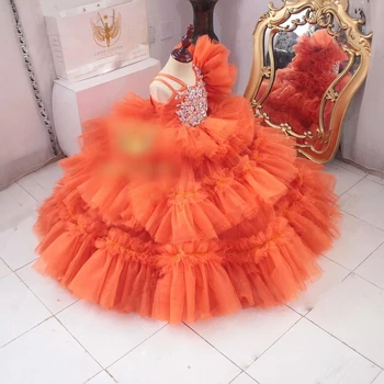 Оранжевое платье для маленькой девочки с кристаллами и рюшами, пушистые платья для девочек на свадьбу, Милая пачка, платья для причастия, дня рождения.