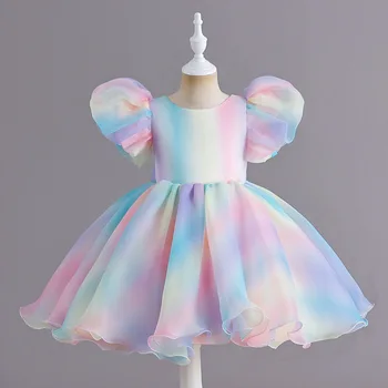 2023 Новые Детские Радужные платья для девочек, Свадебное представление, Короткое платье для вечеринки, Пышное Тюлевое платье с рукавами-пузырями, детское бальное платье принцессы