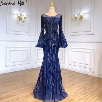 Мусульманская темно-синяя русалка, элегантные вечерние платья, платья 2023 с расклешенными рукавами, роскошь для женщин, вечеринка Serene Hill BLA71417