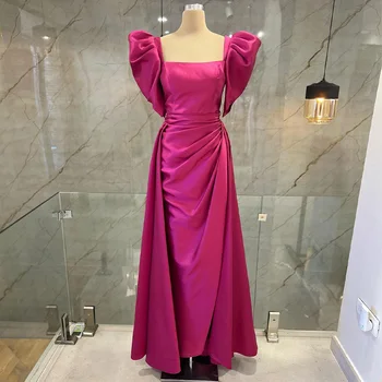 Розово-красное вечернее платье, Атласное платье-футляр с квадратным воротником, элегантное платье для выпускного вечера со съемным шлейфом, вечернее платье длиной до половины рукава