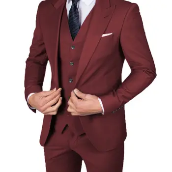 Мужской бордовый костюм из 3 предметов с лацканами на одной пуговице, Приталенный повседневный деловой костюм, костюмы для свадьбы, смокинг, блейзер + брюки + жилет