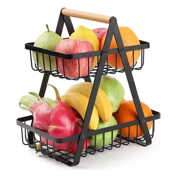 Двухъярусная Металлическая корзина для фруктов, Переносная кухонная полка для хранения, Стеллаж для фруктов, овощей, хозяйственных принадлежностей
