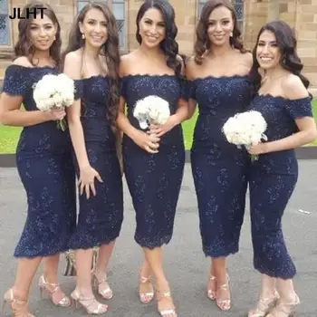 Темно-синие платья подружек невесты Русалочки с открытыми плечами, Атласные плиссированные платья подружек невесты чайной длины, платья для свадебных гостей