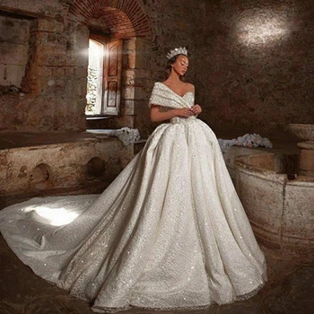 Свадебное платье с бусинами на одно плечо нового дизайна, Роскошные блестки и кристаллы, свадебные платья в Дубае с длинным шлейфом, свадьба в Саудовской Аравии