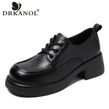 DRKANOL 2023, Женская обувь ручной работы в стиле ретро из натуральной кожи, Круглый носок, шнуровка, Повседневная обувь в британском стиле на платформе и толстом каблуке