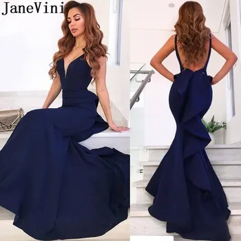 JaneVini, сексуальные длинные платья русалки с открытой спиной, глубокий V-образный вырез, атласное вечернее платье без рукавов с оборками, праздничные платья для вечеринок 2019 года,