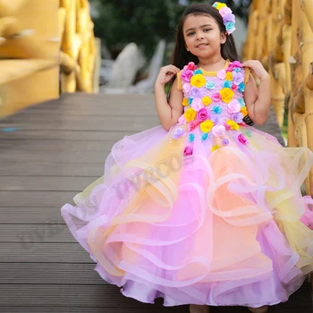 Розовое бальное платье, разноцветные платья для маленьких девочек-цветочниц, Оборки, Детские костюмы на год Рождения, Свадебное Модельное платье на заказ