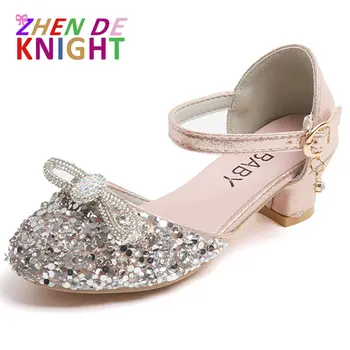 Обувь принцессы для девочек 2023 г., Новые модные танцевальные туфли на высоком каблуке с блестками, Детские хрустальные сандалии с круглой головкой