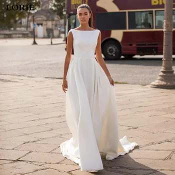 Атласное свадебное платье LORIE, простые платья для невесты трапециевидной формы, без рукавов, Романтическое свадебное платье с пуговицами и открытой спиной, Vestido de novia 2019