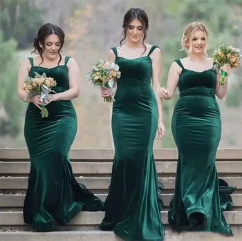 Изумрудно-Зеленая Русалка, Длинное Бархатное платье Подружки Невесты de demoiselle d'honneur, Вечернее Платье на Тонких Бретельках для Свадебной Гостьи