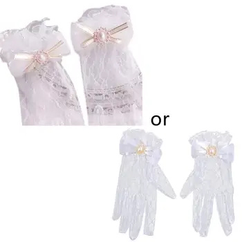 Короткие сетчатые кружевные перчатки для девочек, перчатки с бантом и жемчугом, Элегантное Чаепитие для женщин, Свадебные украшения для новобрачных