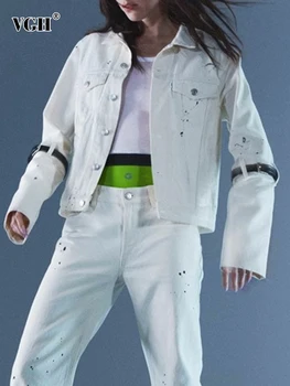 Белые свободные джинсовые куртки VGH Для женщин С лацканами и длинным рукавом, Однобортные пальто с поясом, Женский летний стиль одежды 2023