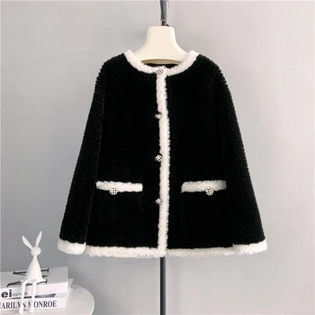 100% Шерстяное пальто Женское 2022 осень зима новый стиль меховое Черно-зеленое шерстяное пальто Кардиган