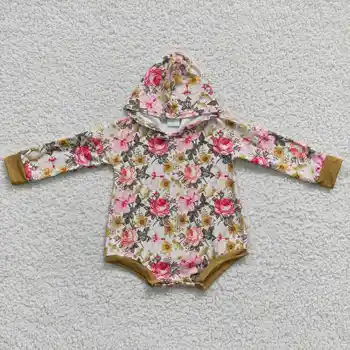 Новое поступление, оптовая продажа, RTS, Детская одежда с капюшоном, боди, Осенние комбинезоны с цветочным рисунком для маленьких девочек