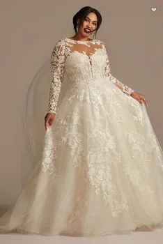 Кружевные свадебные платья с длинным рукавом и большим размером 2022, свадебные платья с цветочной аппликацией и пышной юбкой принцессы без спинки, свадебные платья
