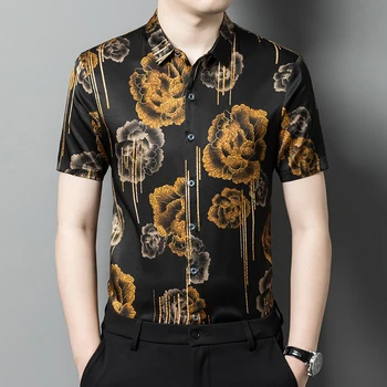 Винтажная мужская рубашка с цветочным 3D принтом, Роскошная шелковая рубашка с коротким рукавом, Повседневная Летняя качественная Шелковистая Модная сорочка Homme M-3XL