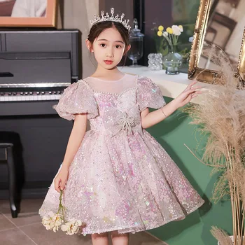 Роскошное платье принцессы для девочек с блестками и бисером для вечеринки, дня рождения, платья с пышными рукавами и бантом для девочек в цветочек, детское бальное платье