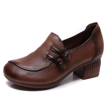 Модные женские туфли-лодочки на среднем каблуке, натуральная кожа, квадратный каблук, круглый носок, Мелкая однотонная женская обувь в этническом стиле коричневого цвета