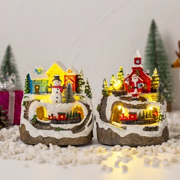 Рождественская статуэтка из смолы, декоративный деревенский дом, музыкальный снежный домик со светодиодной подсветкой, Рождественская настольная фигурка для домашнего фестиваля