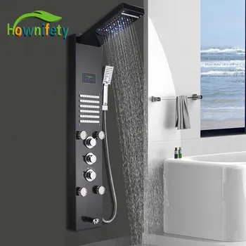 Роскошный Черный Матовый Светодиодный смеситель для душа в ванной комнате, Панельные системы, смеситель для душа, ручной массаж, цифровой дисплей температуры