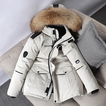2023 Зимняя мужская пуховая куртка толщиной -30 градусов, теплые повседневные парки с тонким меховым воротником, пальто, Съемная шляпа, пальто из белого утиного пуха