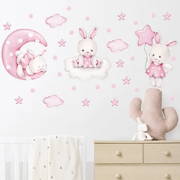 Наклейки на стену с мультяшным кроликом для детских комнат, декор для детской комнаты, наклейки на стены, декор для детской спальни, наклейки с кроликом, фреска из ПВХ