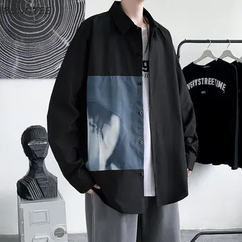 Рубашки Мужские С длинным рукавом Красивый Дизайн Уличной одежды Одежда с принтом Японская Индивидуальность Повседневная Мода Подростки Студенты Шикарная Камиза