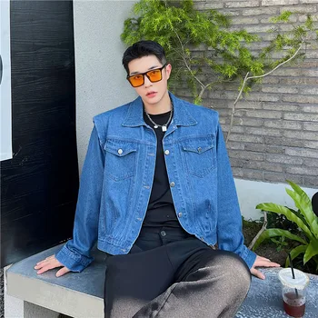 Осенние джинсовые куртки 2022 года в корейском стиле с узором на плечах, мужские повседневные свободные синие джинсовые куртки, мужские, M-XL