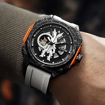 Модные автоматические часы Мужские Роскошные часы-скелет Механические наручные часы RONMAR 44 мм Светящиеся часы с рисунком из углеродного волокна