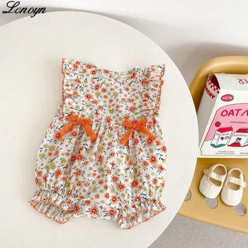 Lenoyn/ Новое летнее боди для новорожденных девочек с летящими рукавами, Круглый вырез, цветочный принт, галстук-бабочка, боди для девочек, одежда для младенцев