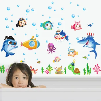 Акула Подводный мир Ванная Комната Детская Комната Наклейка На стену Стеклянное окно Съемная Клейкая наклейка