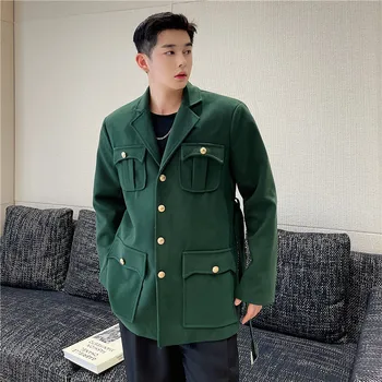 2022 Осенний корейский стиль, уникальный дизайн с поясом, шерстяные куртки, мужские повседневные свободные зеленые шерстяные куртки, мужские, M-XL