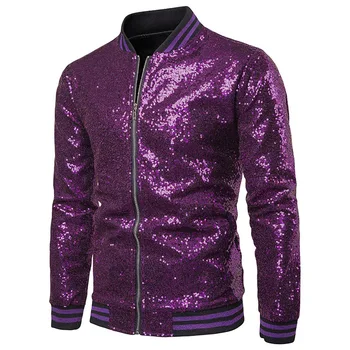 Фиолетовые университетские куртки с блестками, мужские куртки для дискотек 70-х, танцевальные, с блестками, университетская куртка для ночного клуба, сценическая куртка для выпускного вечера, мужская куртка-бомбер