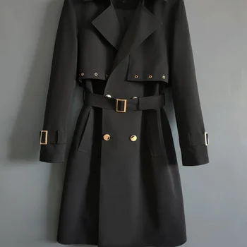 Весенне-осенняя мужская Новая персонализированная одежда для отдыха, Все черное Двубортное пальто-ветровка с длинными рукавами Большого размера