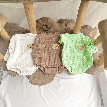 Корейский Хлопковый комбинезон с мультяшным медведем для новорожденных девочек и мальчиков, пуловер с длинными рукавами для новорожденных, весенне-осенний милый комбинезон