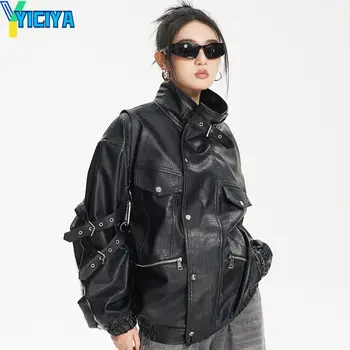 Куртка-бомбер YICIYA, женская черная университетская новая верхняя одежда, куртки из искусственной кожи, бейсбольная куртка y2k racing American oversize, пальто met