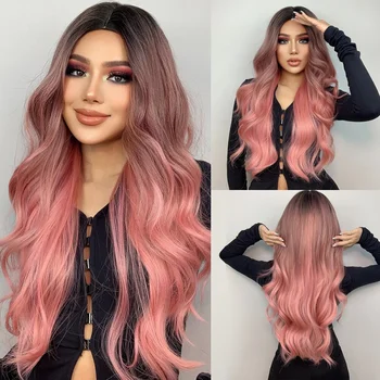 Розовые парики для женщин, длинный волнистый парик в средней части, парик для косплея, синтетический термостойкий парик, выглядящий натуральными волосами