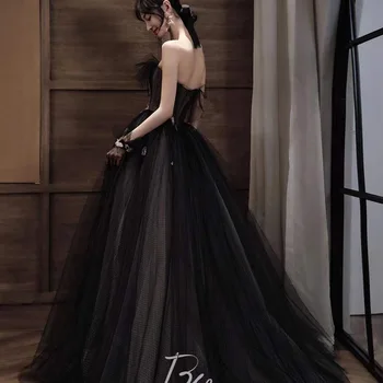 Женские черные тюлевые вечерние платья Robe De Soiree Fairy с открытой спиной трапециевидное вечернее платье для выпускного вечера